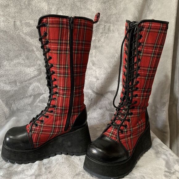 Demonia Women's 3.5" Platform Boots Size 7 Scene 100 Red Tartan Plaid 15” Tall - Picture 2 of 16